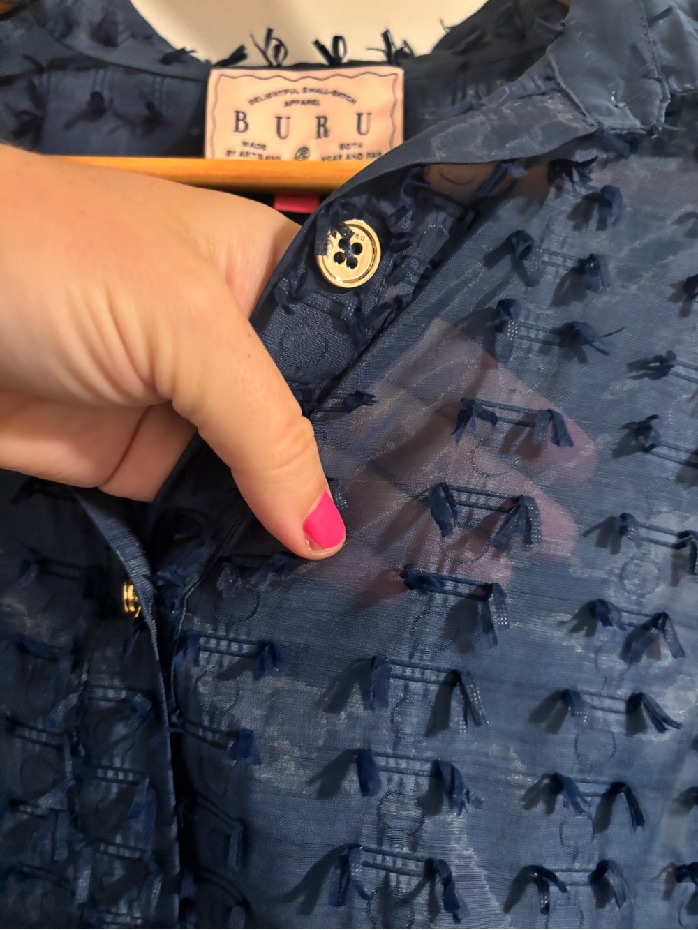 BURU Mel Button Down Shirt Navy Blue Sheer Size Medium - Picture 7 of 11